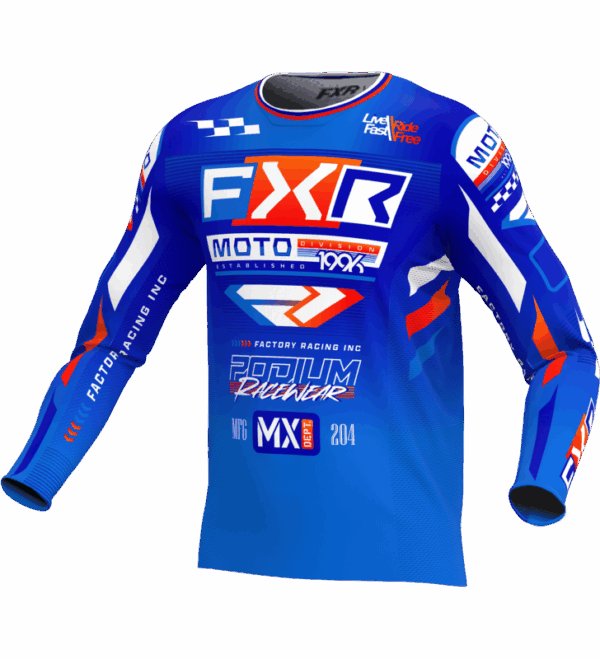 Offrez à votre enfant le maillot cross FXR Podium Gladiator Bleu 2025. Performance et design au rendez-vous, disponible sur mtc60.fr.