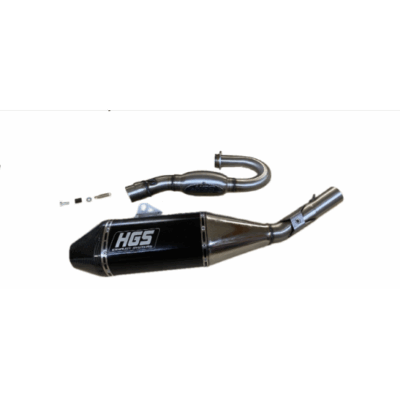 Découvrez la ligne complète inox alu noir avec embout carbone HGS pour KTM/HUSQ/SXF 250 FC 250 19-22 et MC250F 21-23, disponible sur mtc60.fr.