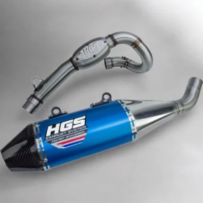 Découvrez la ligne complète inox alu Bleu avec embout carbone HGS pour KTM 250 SX F, HUSQVARNA 250 FC et GAS GAS 250 MC F. Disponible sur mtc60.fr.