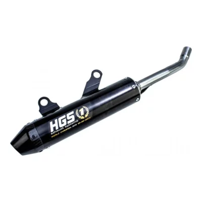 Découvrez le silencieux en aluminium noir avec embout carbone HGS, compatible avec KTM 125 SX, Husqvarna 125 TC et GasGas 125 MC. Disponible sur mtc60.fr
