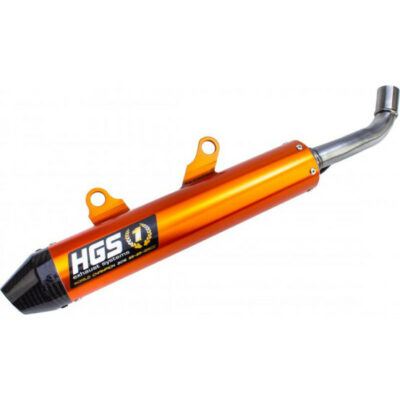 Découvrez le silencieux en aluminium orange avec embout carbone HGS, compatible avec KTM 125 SX, Husqvarna 125 TC et GasGas 125 MC de 2019 à 2023