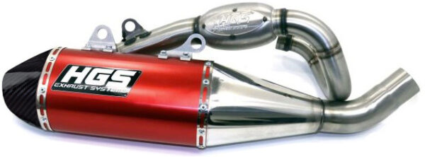 Découvrez la ligne complète en aluminium rouge avec embout carbone HGS pour KTM 250 SXF, Husqvarna 250 FC et GasGas 250 MCF. Disponible sur mtc60.fr.